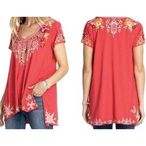 Johnny Was Izora Embroidered Boho Floral Fairy Festival Cotton Tunic Blouse SZ S